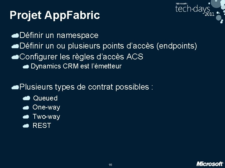 Projet App. Fabric Définir un namespace Définir un ou plusieurs points d’accès (endpoints) Configurer