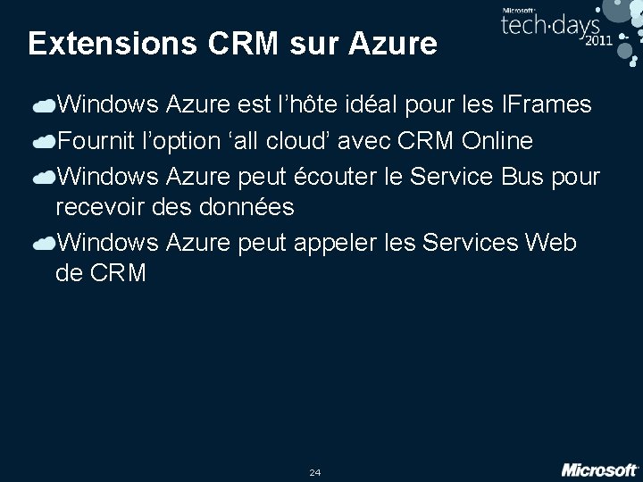 Extensions CRM sur Azure Windows Azure est l’hôte idéal pour les IFrames Fournit l’option