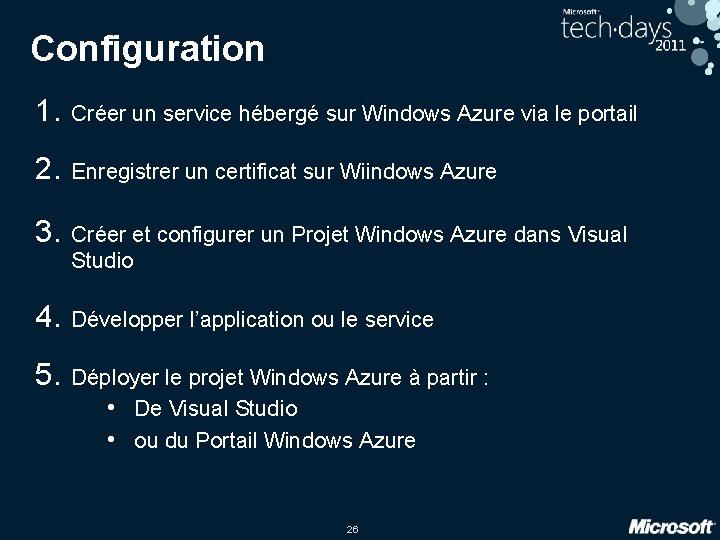 Configuration 1. Créer un service hébergé sur Windows Azure via le portail 2. Enregistrer
