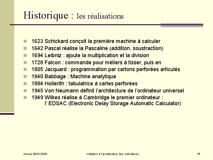 Historique : les réalisations n n n n n 1623 Schickard conçoit la première Historique : les réalisations n n n n n 1623 Schickard conçoit la première