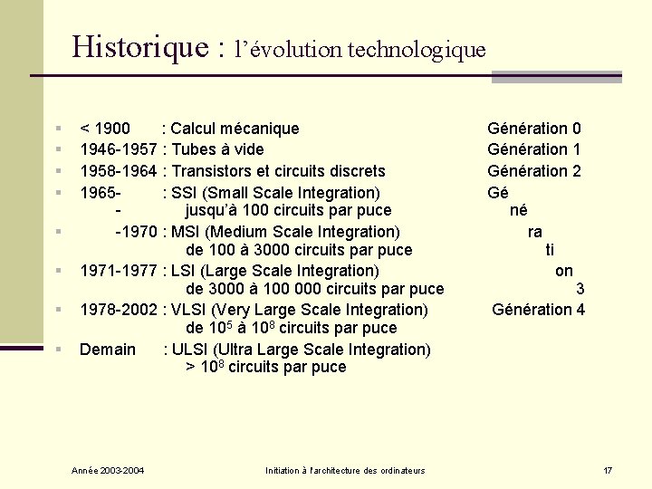 Historique : l’évolution technologique § § § § < 1900 : Calcul mécanique Génération Historique : l’évolution technologique § § § § < 1900 : Calcul mécanique Génération