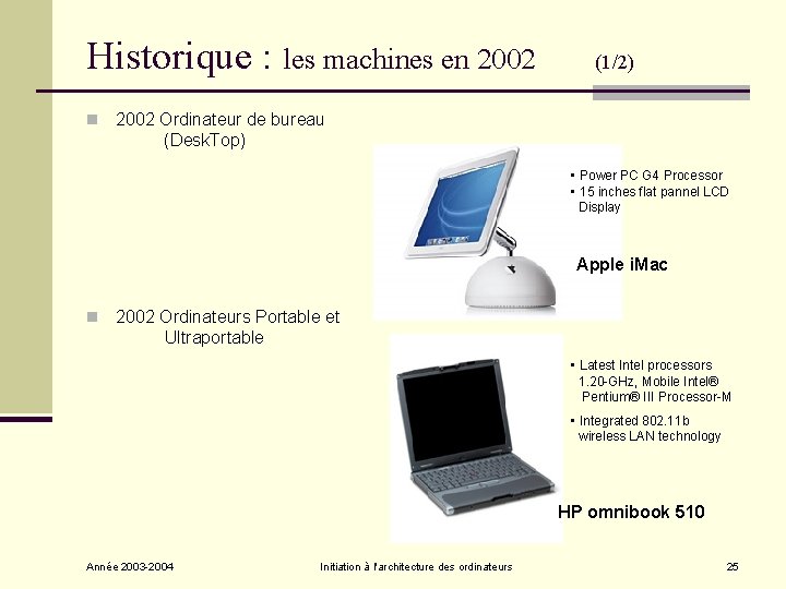 Historique : les machines en 2002 n (1/2) 2002 Ordinateur de bureau (Desk. Top) Historique : les machines en 2002 n (1/2) 2002 Ordinateur de bureau (Desk. Top)