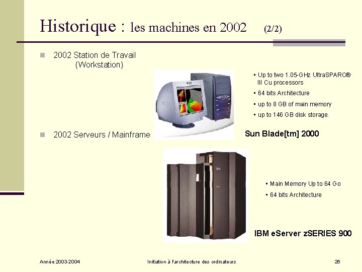 Historique : les machines en 2002 n (2/2) 2002 Station de Travail (Workstation) • Historique : les machines en 2002 n (2/2) 2002 Station de Travail (Workstation) •