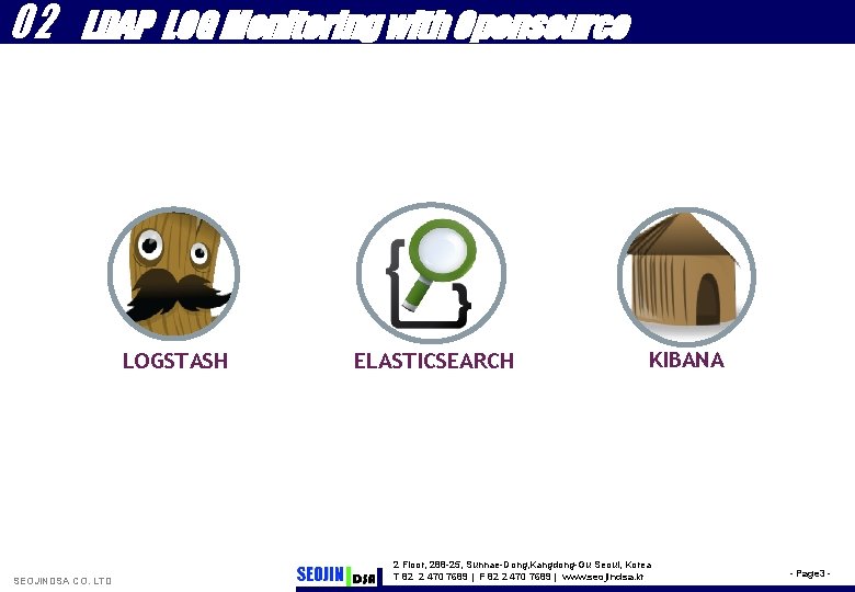 02 LDAP LOG Monitoring with Opensource LOGSTASH SEOJINDSA CO. LTD ELASTICSEARCH KIBANA 2 Floor,