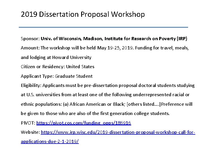 2019 Dissertation Proposal Workshop Sponsor: Univ. of Wisconsin, Madison, Institute for Research on Poverty