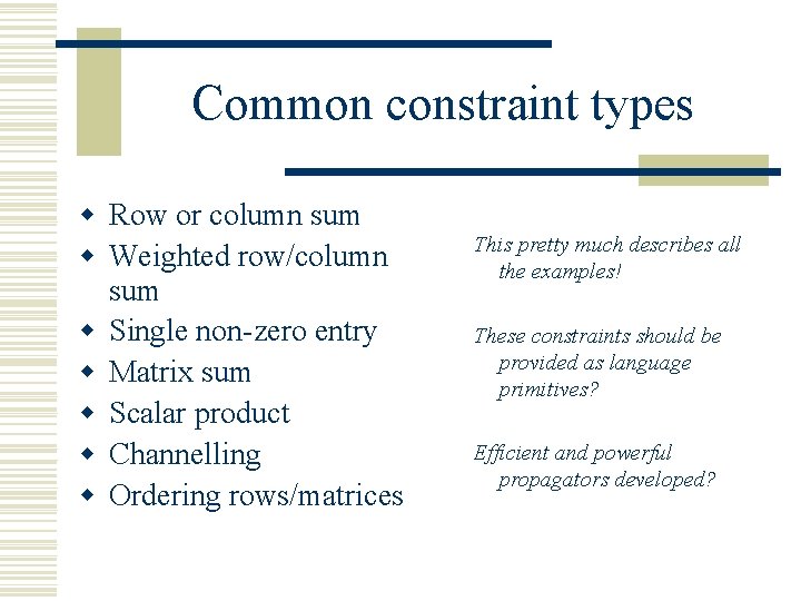 Common constraint types w Row or column sum w Weighted row/column sum w Single