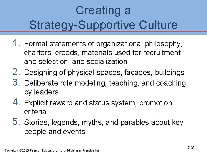 Creating a Strategy-Supportive Culture 1. 2. 3. 4. 5. Formal statements of organizational philosophy,