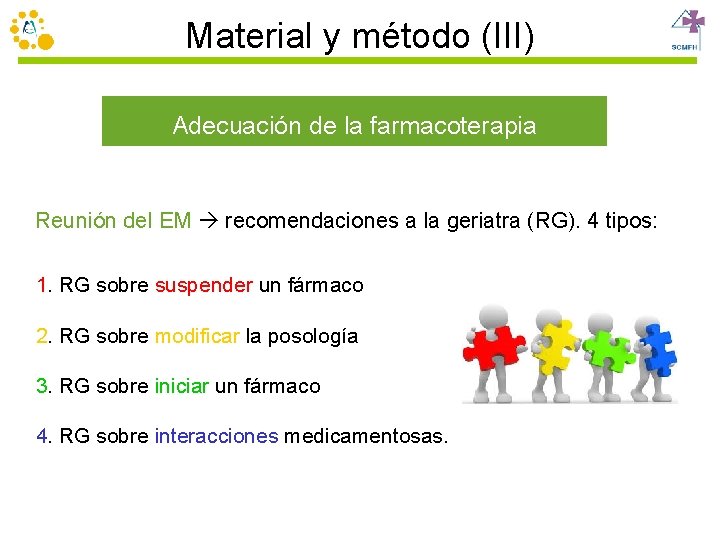 Material y método (III) Adecuación de la farmacoterapia Reunión del EM recomendaciones a la