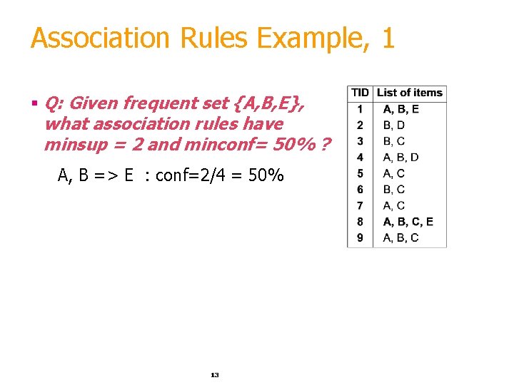 Association Rules Example, 1 § Q: Given frequent set {A, B, E}, what association