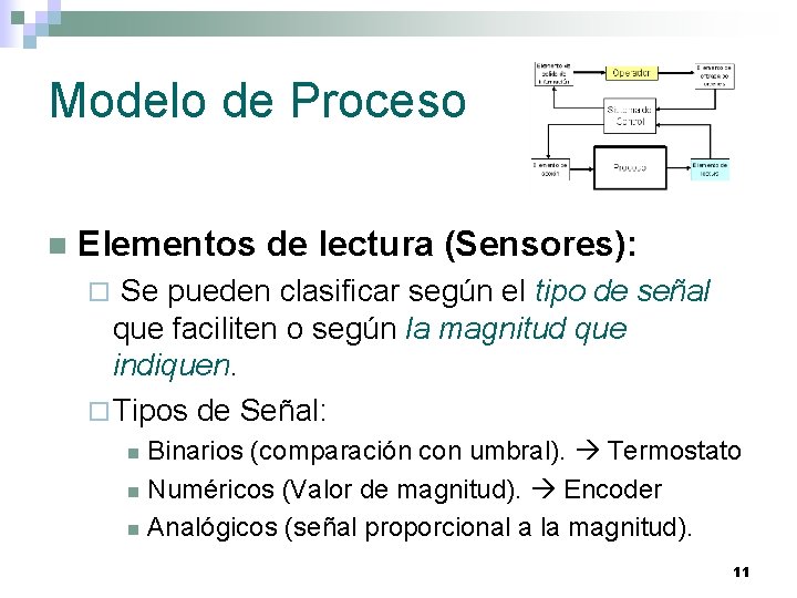 Modelo de Proceso n Elementos de lectura (Sensores): Se pueden clasificar según el tipo