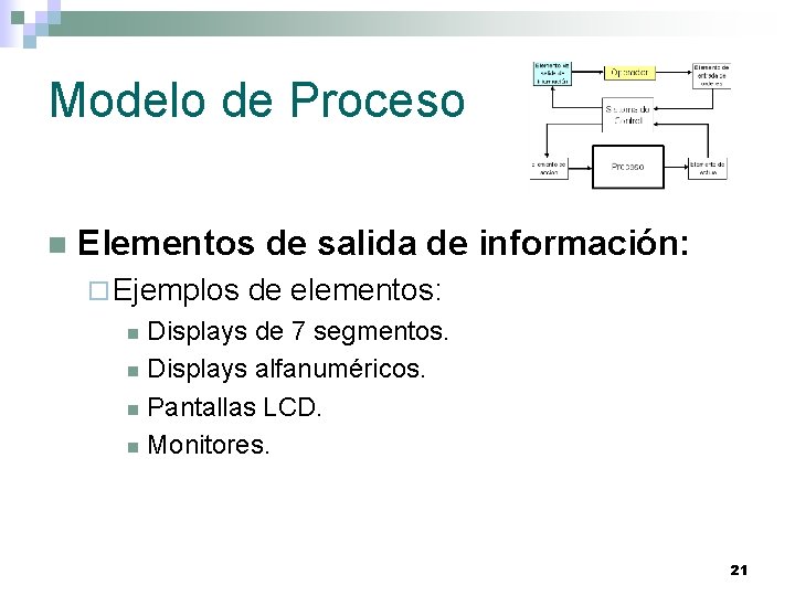 Modelo de Proceso n Elementos de salida de información: ¨ Ejemplos de elementos: Displays