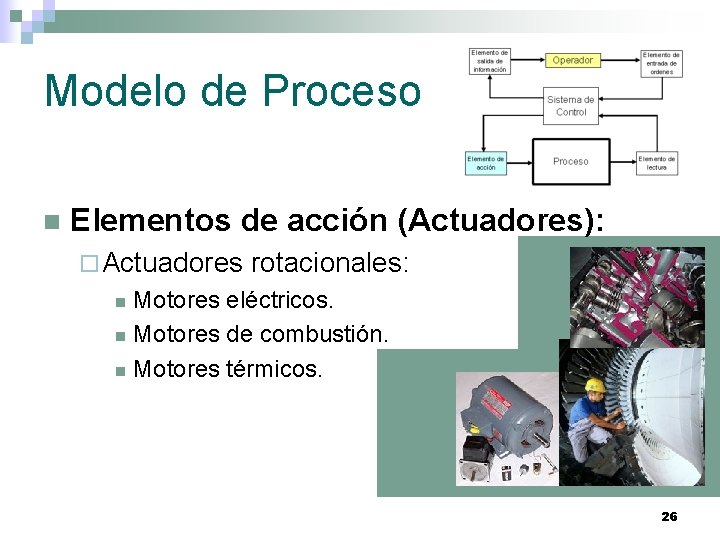 Modelo de Proceso n Elementos de acción (Actuadores): ¨ Actuadores rotacionales: Motores eléctricos. n