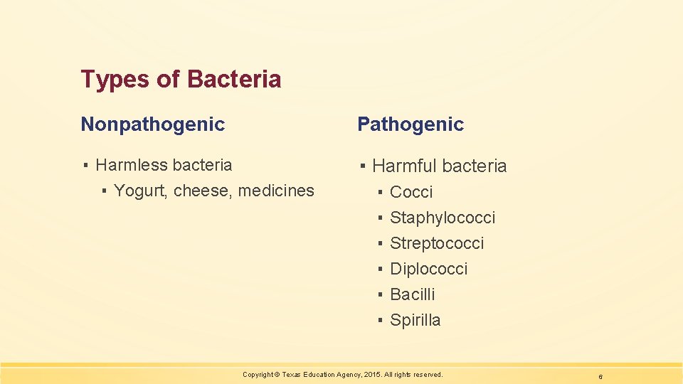 Types of Bacteria Nonpathogenic Pathogenic ▪ Harmless bacteria ▪ Yogurt, cheese, medicines ▪ Harmful