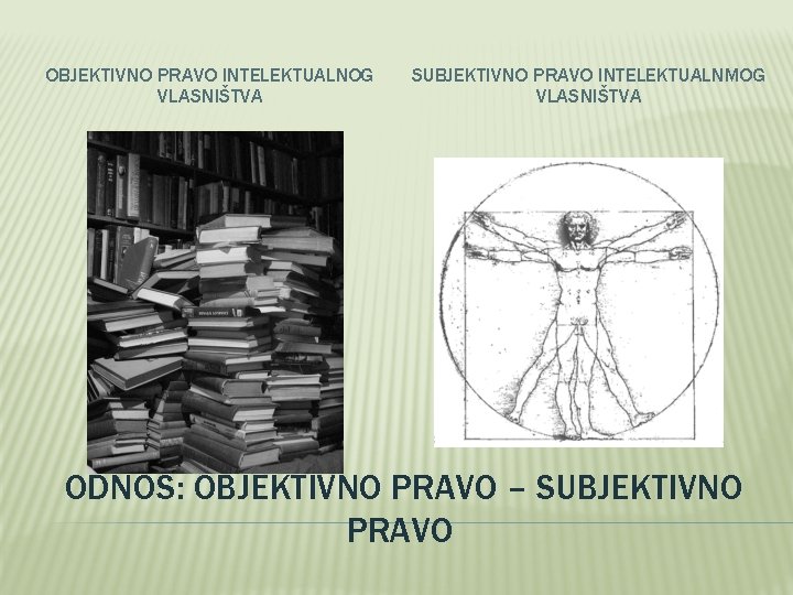 OBJEKTIVNO PRAVO INTELEKTUALNOG VLASNIŠTVA SUBJEKTIVNO PRAVO INTELEKTUALNMOG VLASNIŠTVA ODNOS: OBJEKTIVNO PRAVO – SUBJEKTIVNO PRAVO