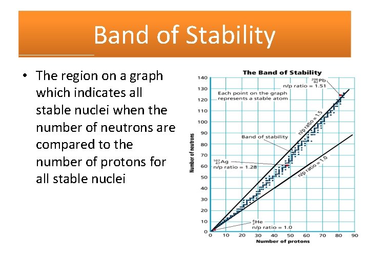 Band of Stability • The region on a graph which indicates all stable nuclei
