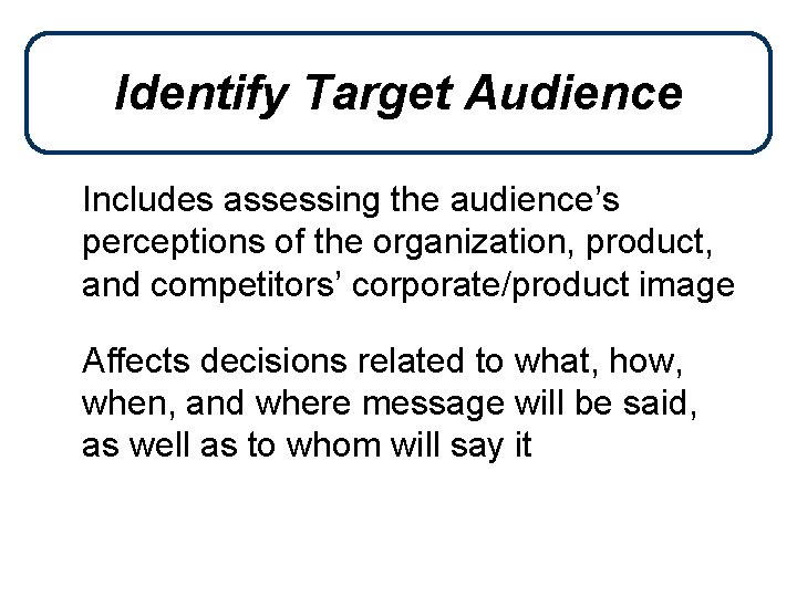 Identify Target Audience Includes assessing the audience’s perceptions of the organization, product, and competitors’