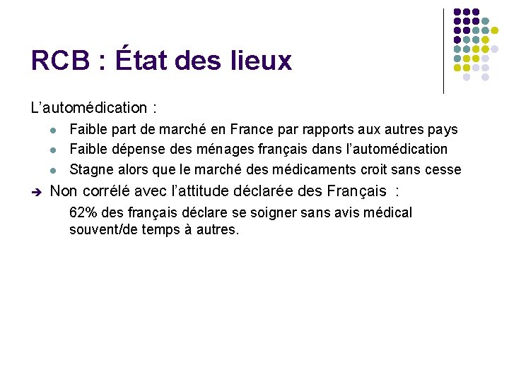 RCB : État des lieux L’automédication : l l l Faible part de marché