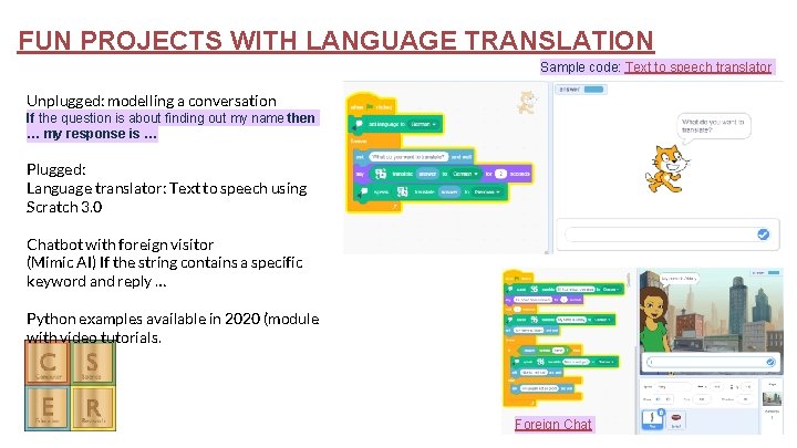 FUN PROJECTS WITH LANGUAGE TRANSLATION Sample code: Text to speech translator Unplugged: modelling a FUN PROJECTS WITH LANGUAGE TRANSLATION Sample code: Text to speech translator Unplugged: modelling a