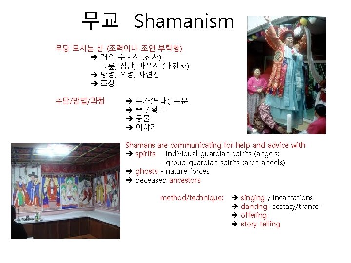 무교 Shamanism 무당 모시는 신 (조력이나 조언 부탁함) 개인 수호신 (천사) 그뤂, 집단, 마을신