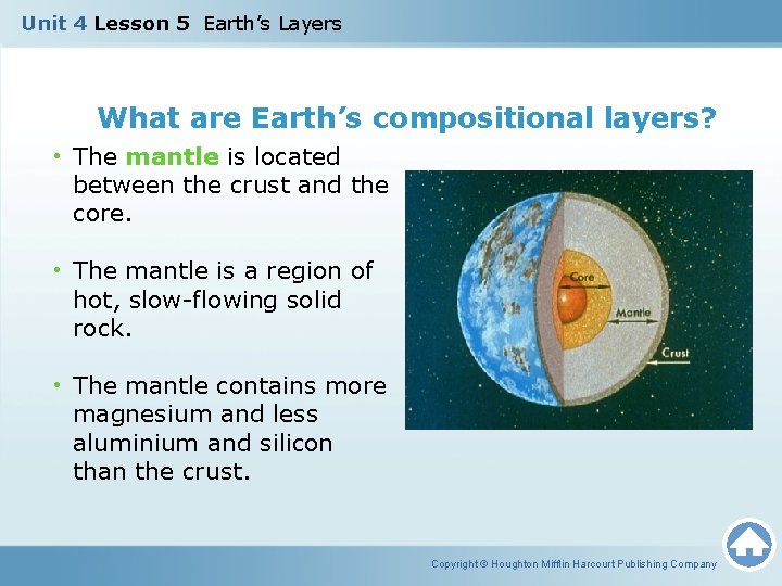 Unit 4 Lesson 5 Earth’s Layers What are Earth’s compositional layers? • The mantle