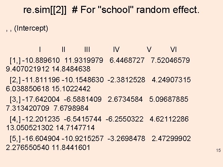 re. sim[[2]] # For "school" random effect. , , (Intercept) I II IV V