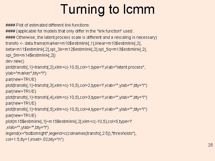 Turning to lcmm #### Plot of estimated different link functions: #### (applicable for models