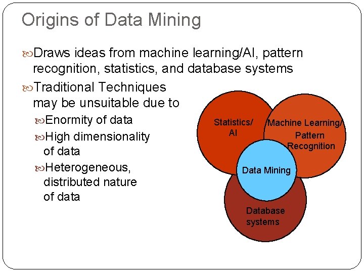 Origins of Data Mining Draws ideas from machine learning/AI, pattern recognition, statistics, and database