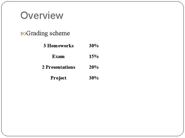 Overview Grading scheme 5 3 Homeworks 30% Exam 15% 2 Presentations 20% Project 30%