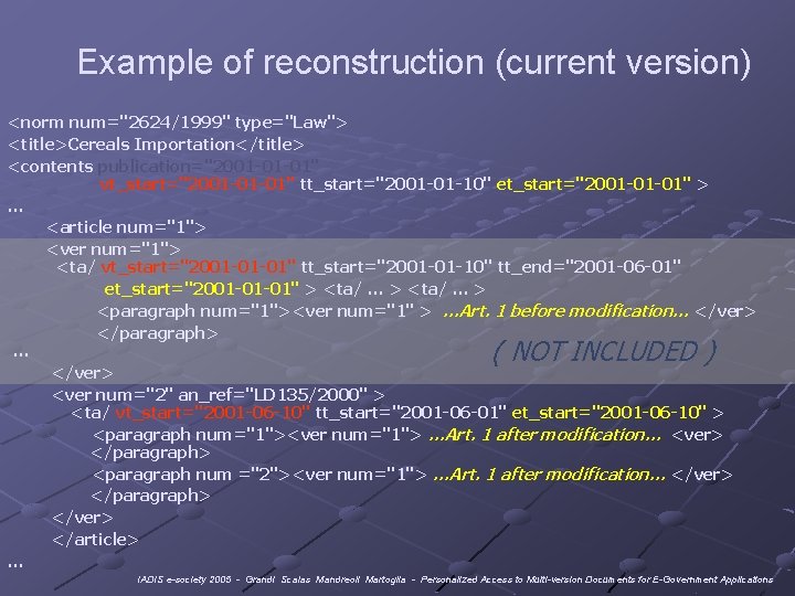 Example of reconstruction (current version) <norm num="2624/1999" type="Law"> <title>Cereals Importation</title> <contents publication="2001 -01 -01"