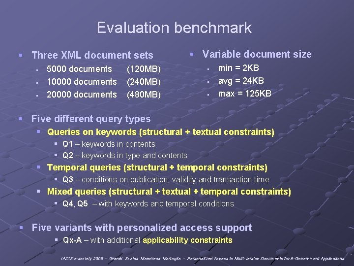 Evaluation benchmark § Three XML document sets § § § 5000 documents 10000 documents