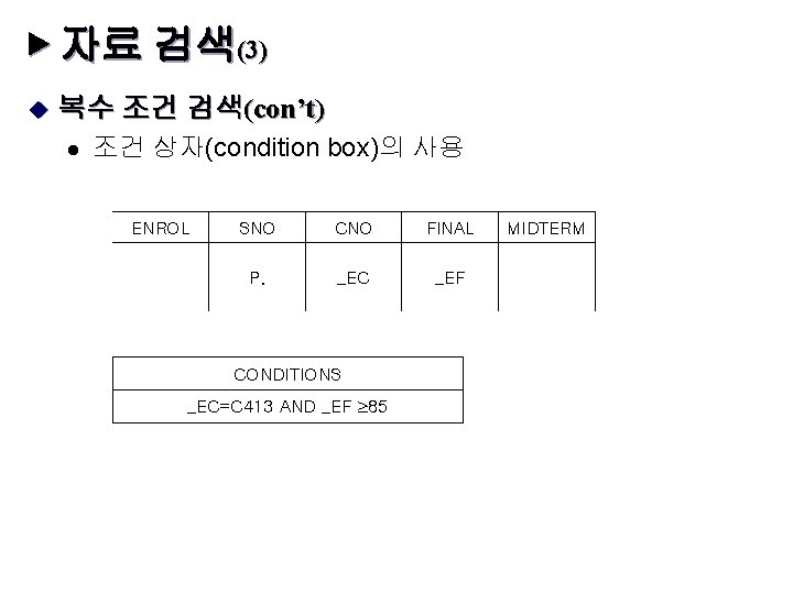 ▶ 자료 검색(3) u 복수 조건 검색(con’t) l 조건 상자(condition box)의 사용 ENROL SNO