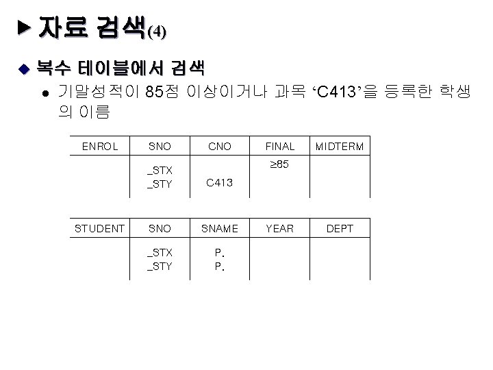 ▶ 자료 검색(4) u 복수 테이블에서 검색 l 기말성적이 85점 이상이거나 과목 ‘C 413’을