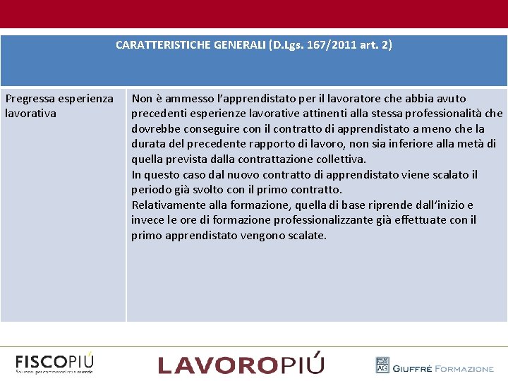  CARATTERISTICHE GENERALI (D. Lgs. 167/2011 art. 2) Pregressa esperienza lavorativa Non è ammesso