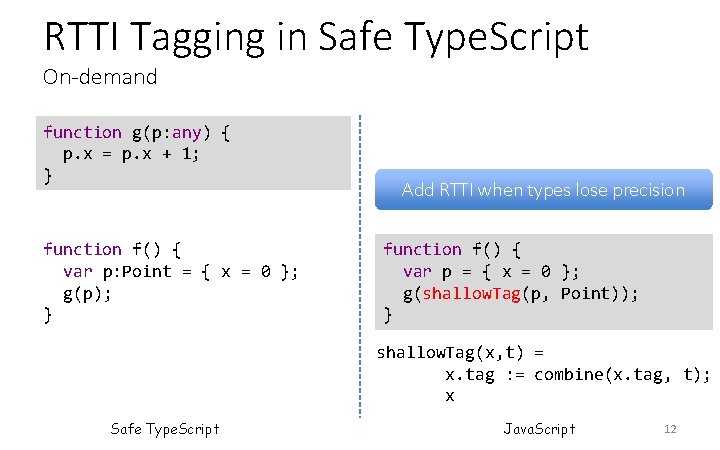 RTTI Tagging in Safe Type. Script On-demand function g(p: any) { p. x = RTTI Tagging in Safe Type. Script On-demand function g(p: any) { p. x =