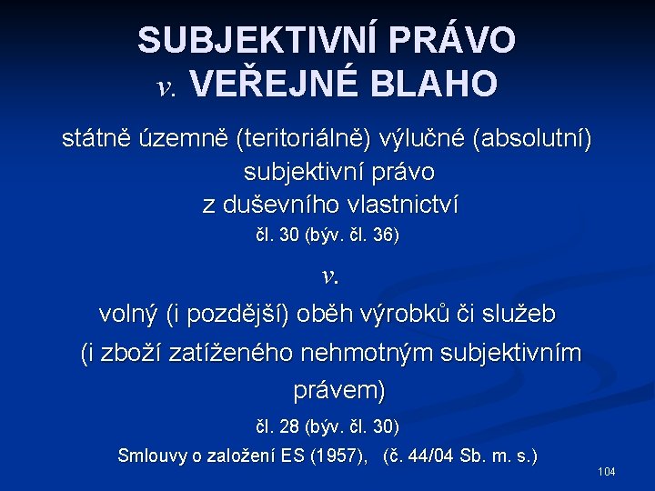 SUBJEKTIVNÍ PRÁVO v. VEŘEJNÉ BLAHO státně územně (teritoriálně) výlučné (absolutní) subjektivní právo z duševního