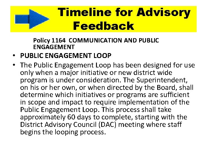 Timeline for Advisory Feedback Policy 1164 COMMUNICATION AND PUBLIC ENGAGEMENT • PUBLIC ENGAGEMENT LOOP