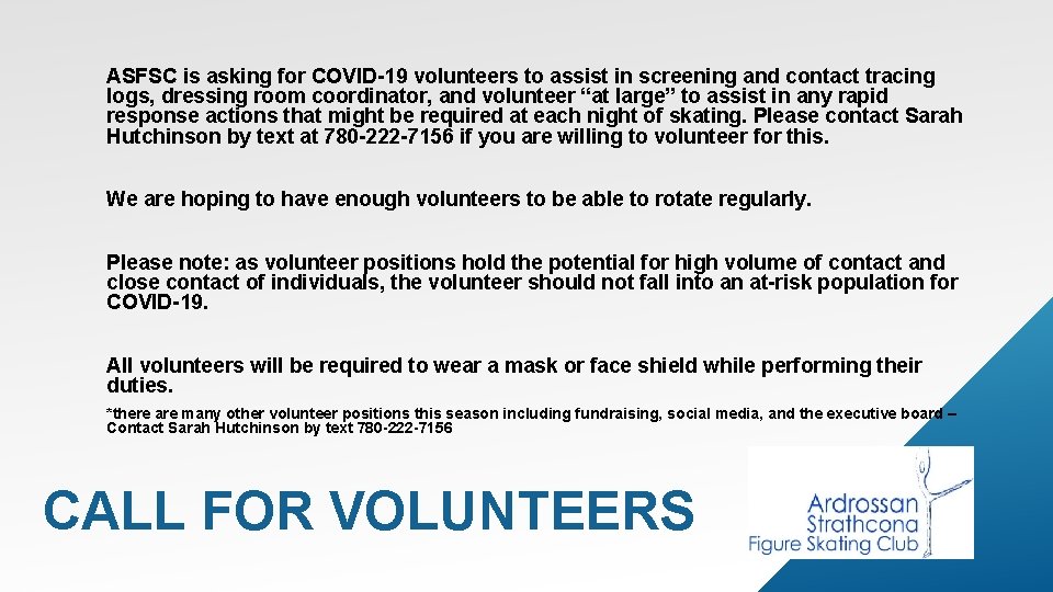 ASFSC is asking for COVID-19 volunteers to assist in screening and contact tracing logs,