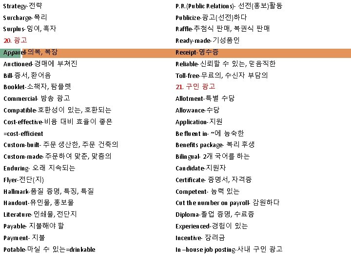 Strategy-전략 P. R. (Public Relations)- 선전(홍보)활동 Surcharge-폭리 Publicize-광고(선전)하다 Surplus-잉여, 흑자 Raffle-추첨식 판매, 복권식 판매