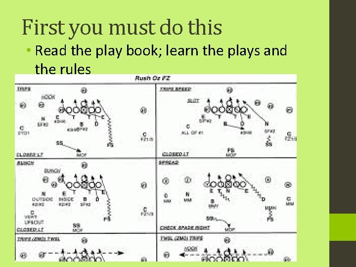 First you must do this • Read the play book; learn the plays and