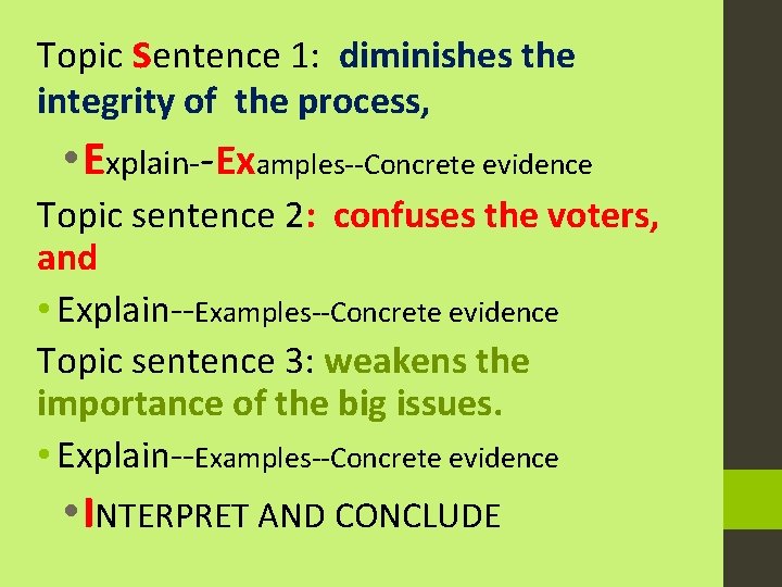 Topic sentence 1: diminishes the integrity of the process, • Explain--Examples--Concrete evidence Topic sentence