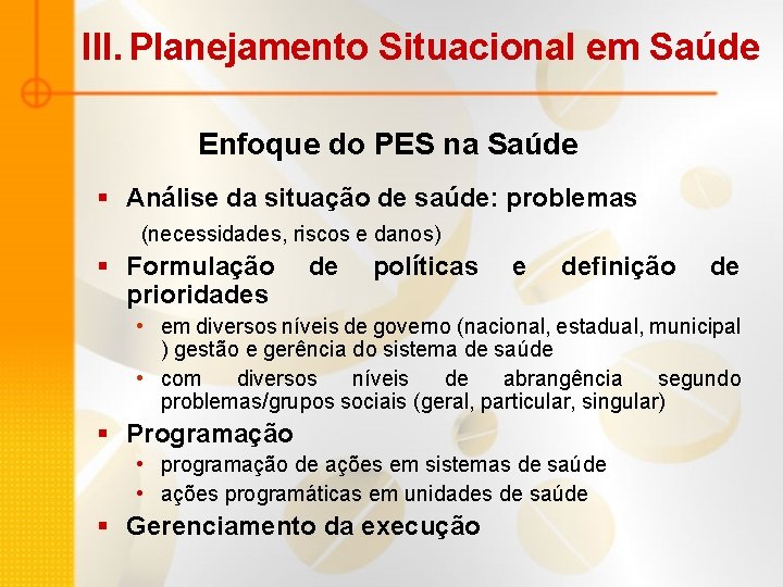 III. Planejamento Situacional em Saúde Enfoque do PES na Saúde § Análise da situação III. Planejamento Situacional em Saúde Enfoque do PES na Saúde § Análise da situação