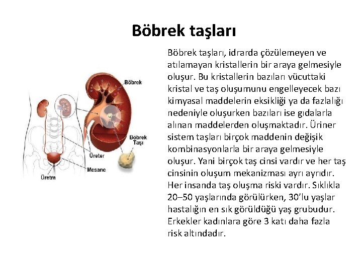 Böbrek taşları, idrarda çözülemeyen ve atılamayan kristallerin bir araya gelmesiyle oluşur. Bu kristallerin bazıları