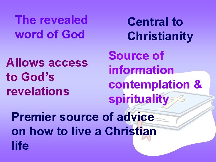 The revealed word of God Allows access to God’s revelations Central to Christianity Source