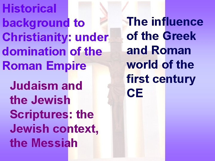 Historical background to Christianity: under domination of the Roman Empire Judaism and the Jewish