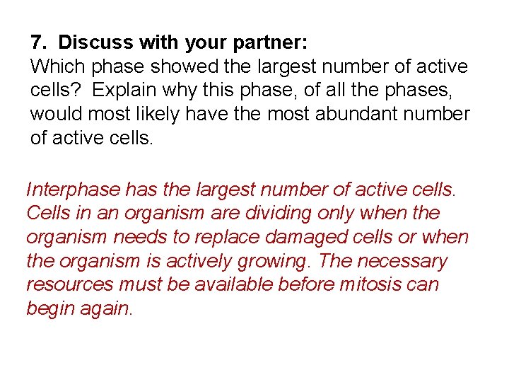 7. Discuss with your partner: Which phase showed the largest number of active cells?