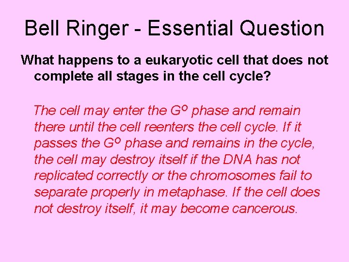 Bell Ringer - Essential Question What happens to a eukaryotic cell that does not