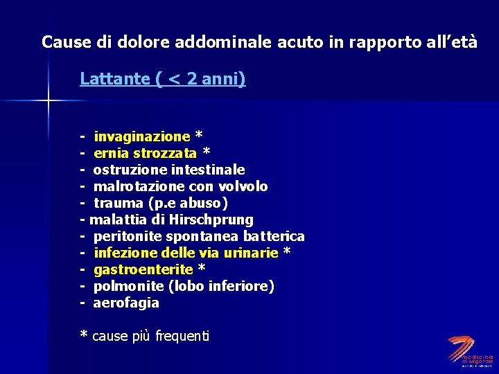 Cause di dolore addominale acuto in rapporto all’età Lattante ( < 2 anni) -