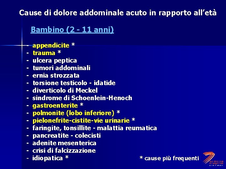 Cause di dolore addominale acuto in rapporto all’età Bambino (2 - 11 anni) -