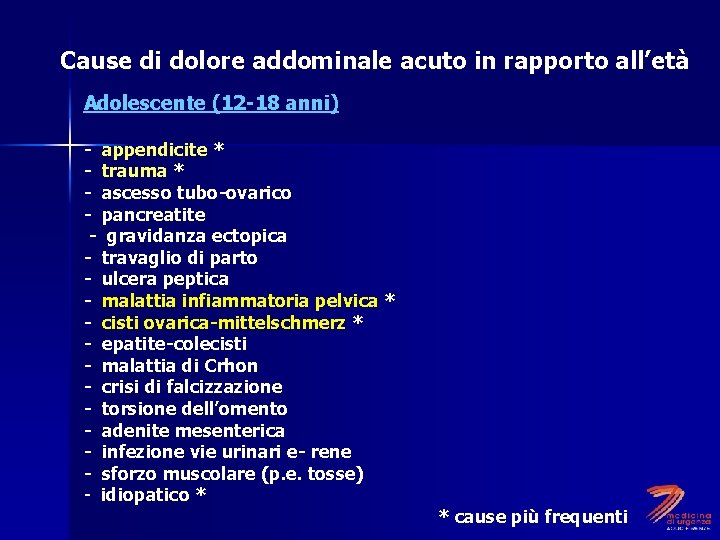 Cause di dolore addominale acuto in rapporto all’età Adolescente (12 -18 anni) - appendicite