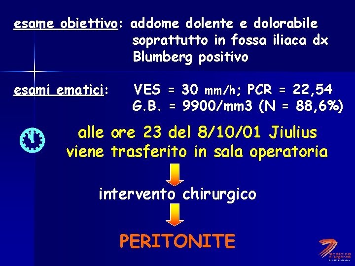 esame obiettivo: addome dolente e dolorabile soprattutto in fossa iliaca dx Blumberg positivo esami